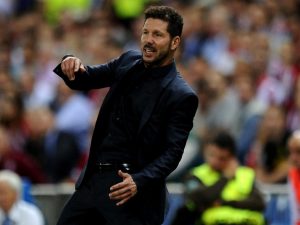 MADRID, SPAIN - SEPTEMBER 28: Diego Simeone, Manager of Atletico Madrid reacts on the touchline during the UEFA Champions League group D match between Club Atletico de Madrid and FC Bayern Muenchen at the Vicente Calderon Stadium on September 28, 2016 in Madrid, Spain. (Photo by Denis Doyle/Getty Images)